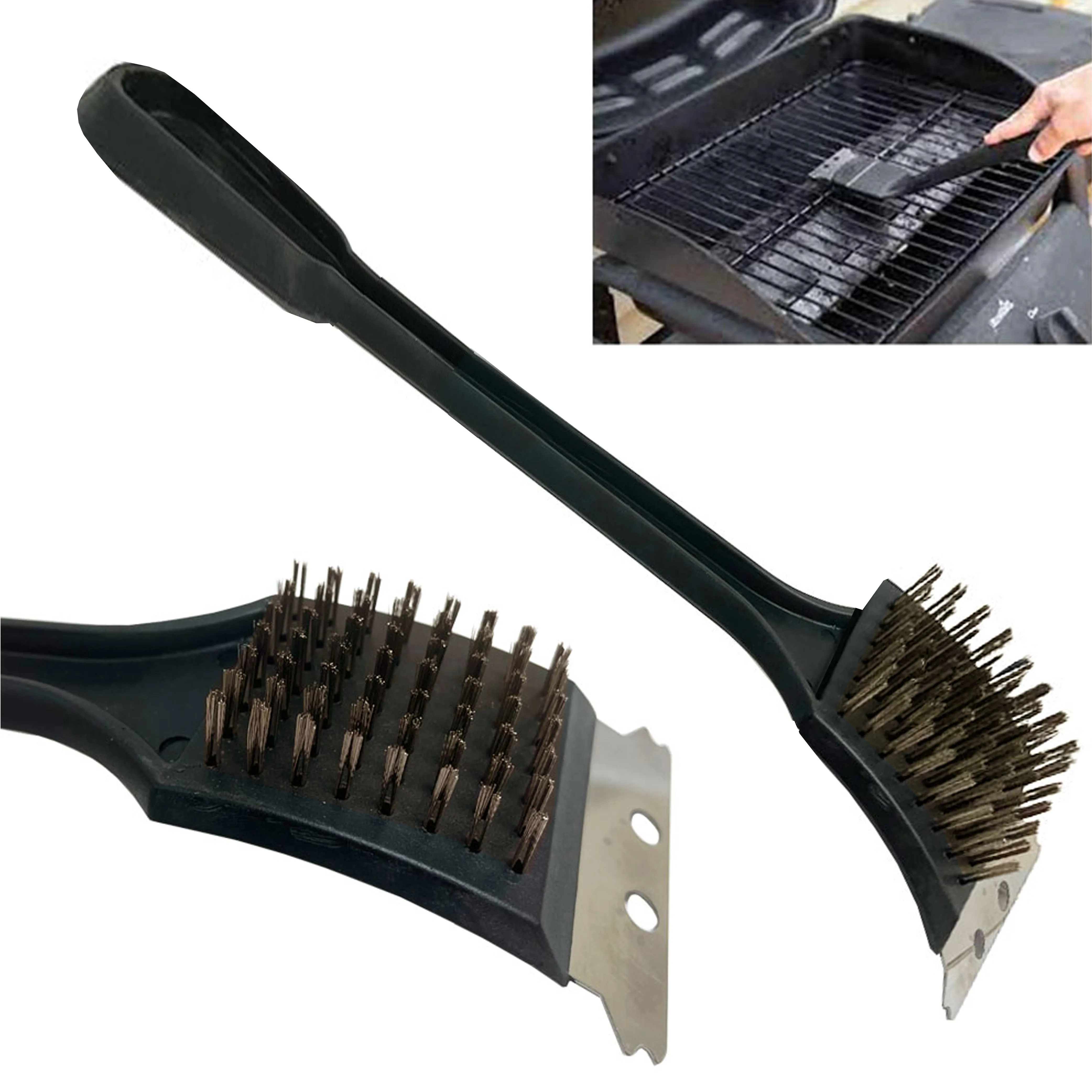 1 BBQ Grill Brush Scraper Barbeque Brass Steel Bristles Heavy Duty Long Handle