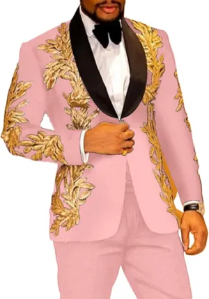 2 PCS Mens Sequins Embroidery Suits Solid Slim Fit Shawl Collar Work Wedding Tuxedo Jacket Pant Sets