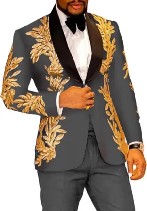 2 PCS Mens Sequins Embroidery Suits Solid Slim Fit Shawl Collar Work Wedding Tuxedo Jacket Pant Sets
