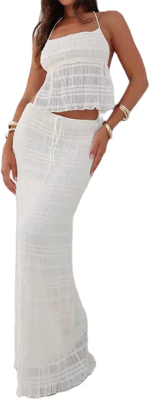 2 Piece Maxi Skirt Sets for Women Y2k Halter Sleeveless Backless Crop Tops Drawstring Bodycon Long Skirts Outfits