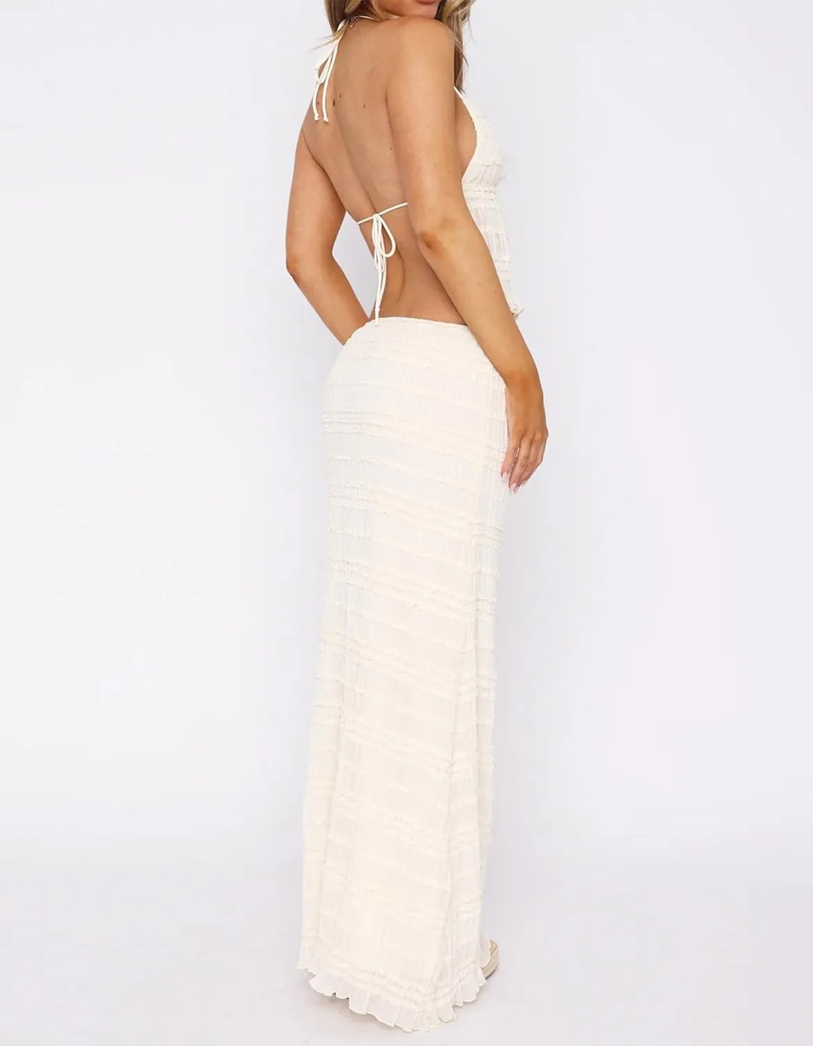 2 Piece Maxi Skirt Sets for Women Y2k Halter Sleeveless Backless Crop Tops Drawstring Bodycon Long Skirts Outfits