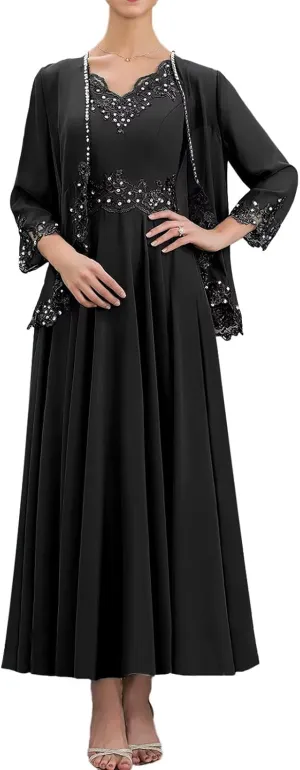 2 Piece Mother of The Bride Dresses with Jacket 3/4 Sleeve Chiffon Lace Sequin Evening Dresses for Women Wedding Guest