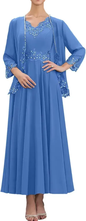 2 Piece Mother of The Bride Dresses with Jacket 3/4 Sleeve Chiffon Lace Sequin Evening Dresses for Women Wedding Guest