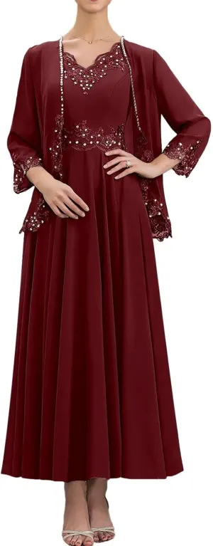 2 Piece Mother of The Bride Dresses with Jacket 3/4 Sleeve Chiffon Lace Sequin Evening Dresses for Women Wedding Guest