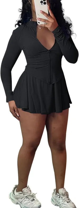 2 Piece Skirt Set for Women 2025 Long Sleeve Zipper Up Jacket and Pleated Mini Dress Short Sets Tracksuit