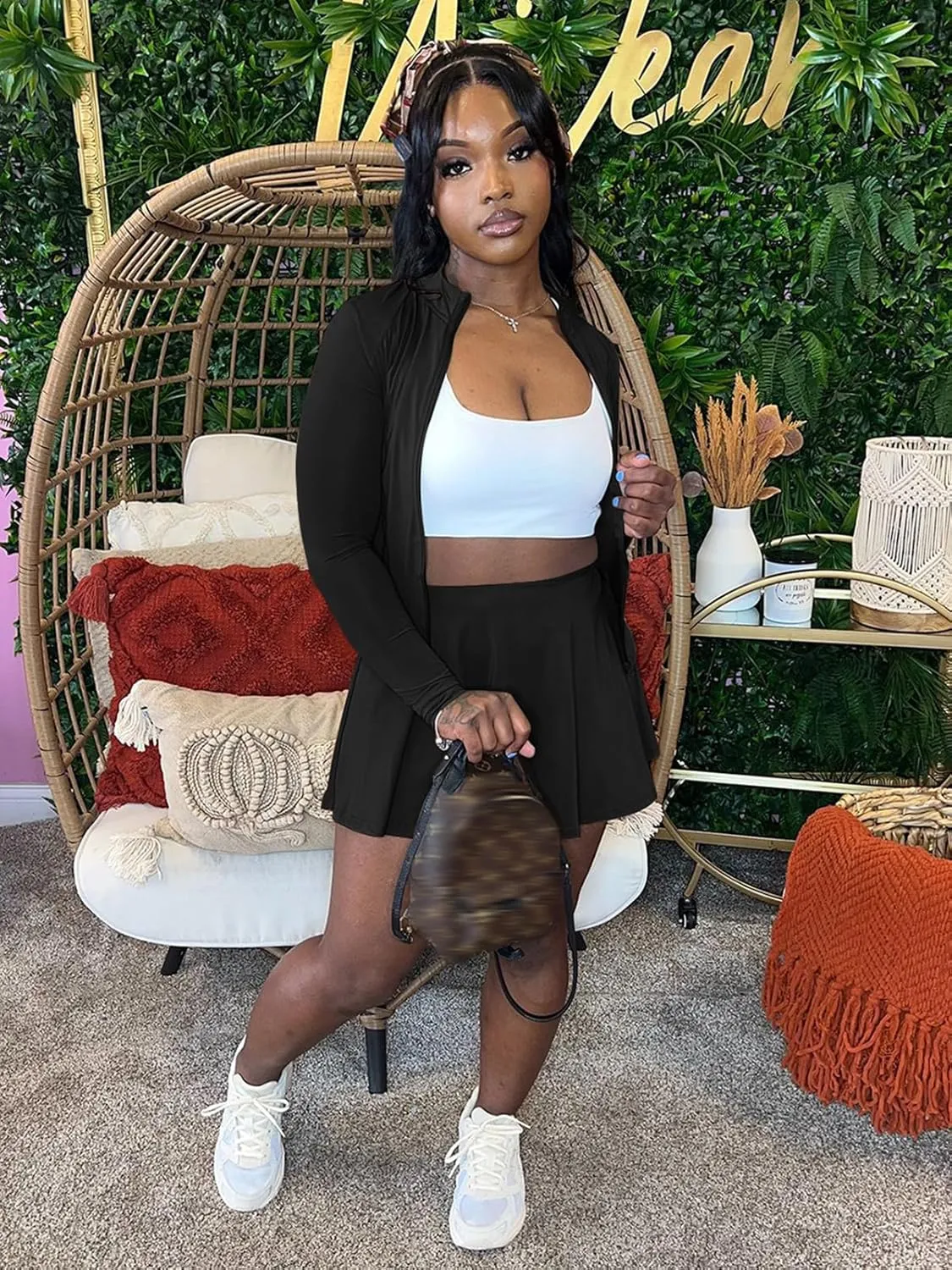 2 Piece Skirt Set for Women 2025 Long Sleeve Zipper Up Jacket and Pleated Mini Dress Short Sets Tracksuit