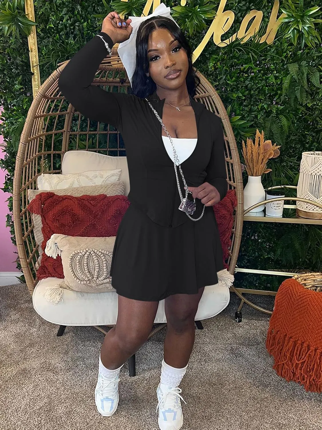 2 Piece Skirt Set for Women 2025 Long Sleeve Zipper Up Jacket and Pleated Mini Dress Short Sets Tracksuit