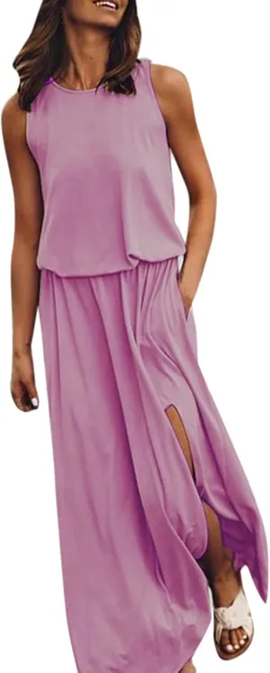 2024 Women Summer Dresses Sleeveless Casual Loose Midi Tank Dress Hide Belly Blouson Knee Length Sundress with Pockets