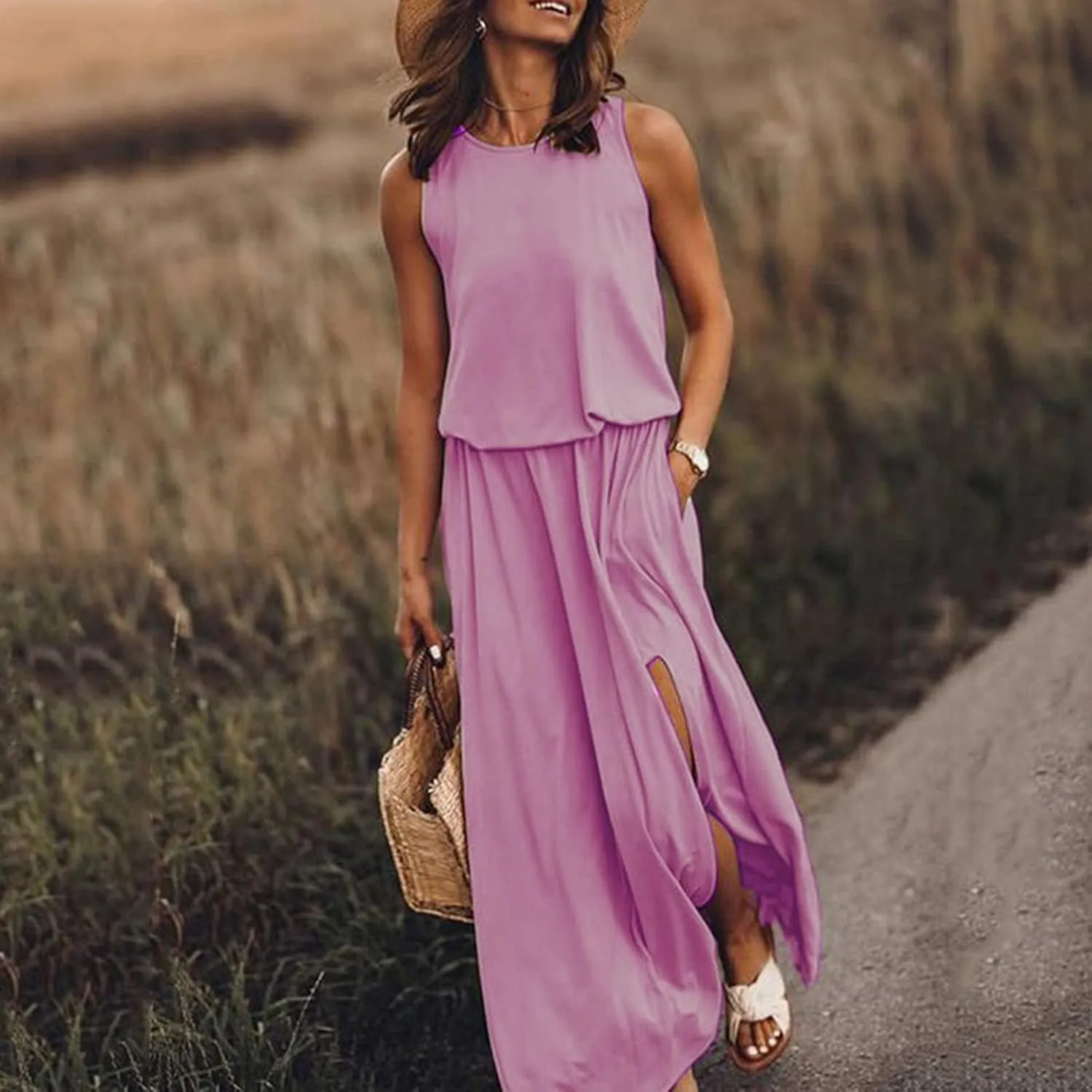 2024 Women Summer Dresses Sleeveless Casual Loose Midi Tank Dress Hide Belly Blouson Knee Length Sundress with Pockets