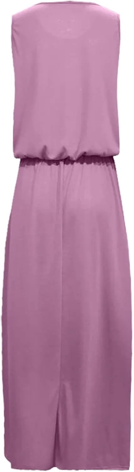 2024 Women Summer Dresses Sleeveless Casual Loose Midi Tank Dress Hide Belly Blouson Knee Length Sundress with Pockets