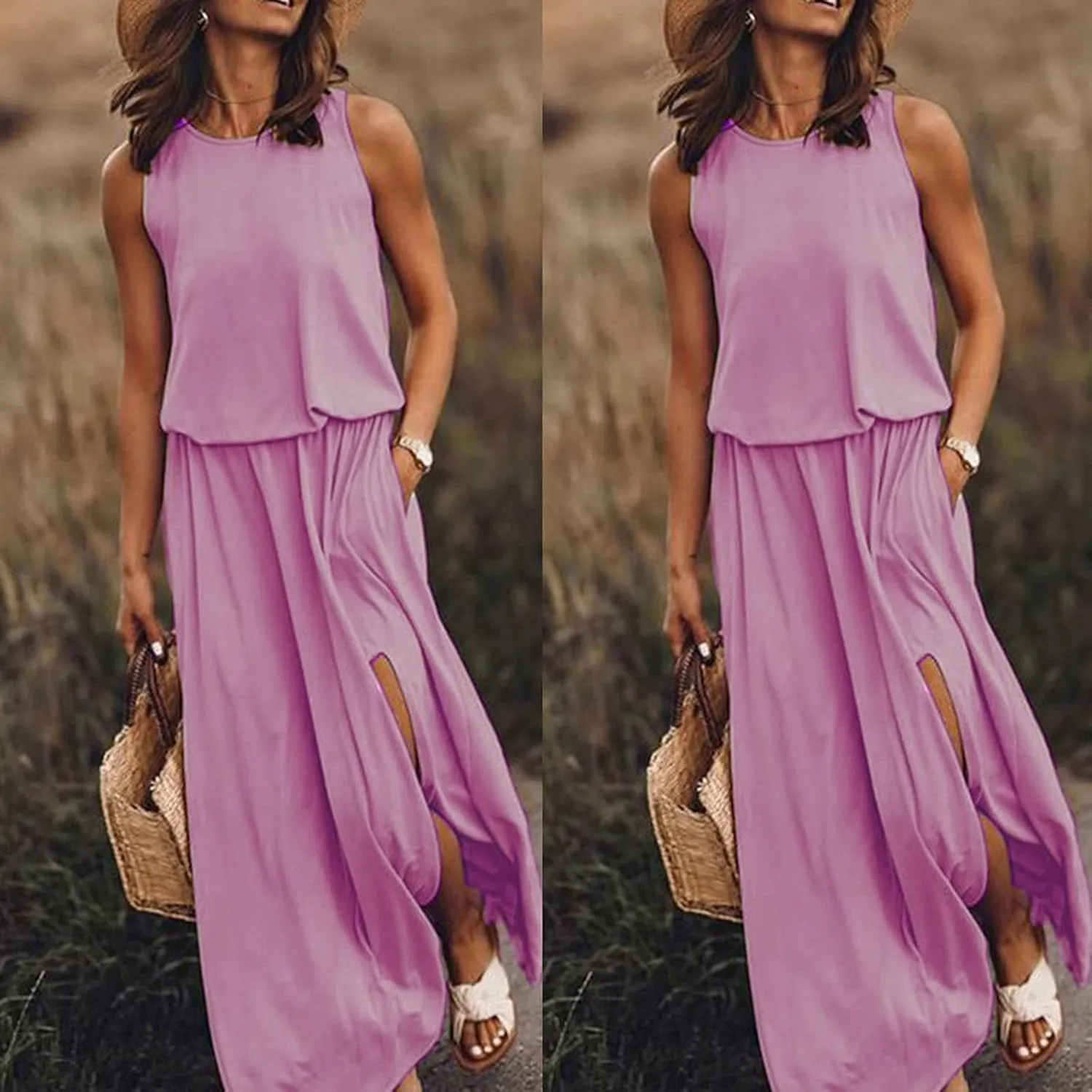 2024 Women Summer Dresses Sleeveless Casual Loose Midi Tank Dress Hide Belly Blouson Knee Length Sundress with Pockets