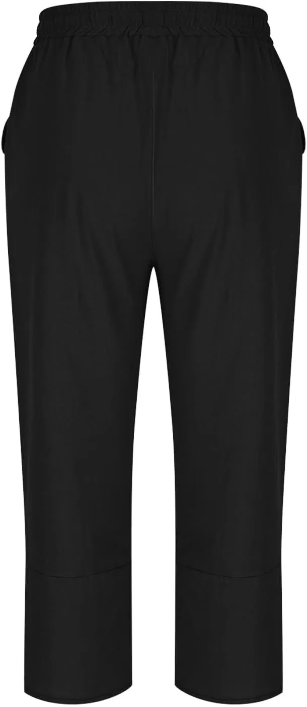 2025 Capri Pants for Women Casual Summer Drawstring Elastic High Waist Linen Pant Straight Leg Cropped Harem Trouser