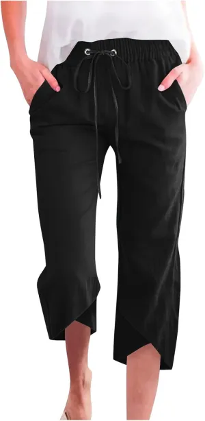 2025 Capri Pants for Women Casual Summer Drawstring Elastic High Waist Linen Pant Straight Leg Cropped Harem Trouser