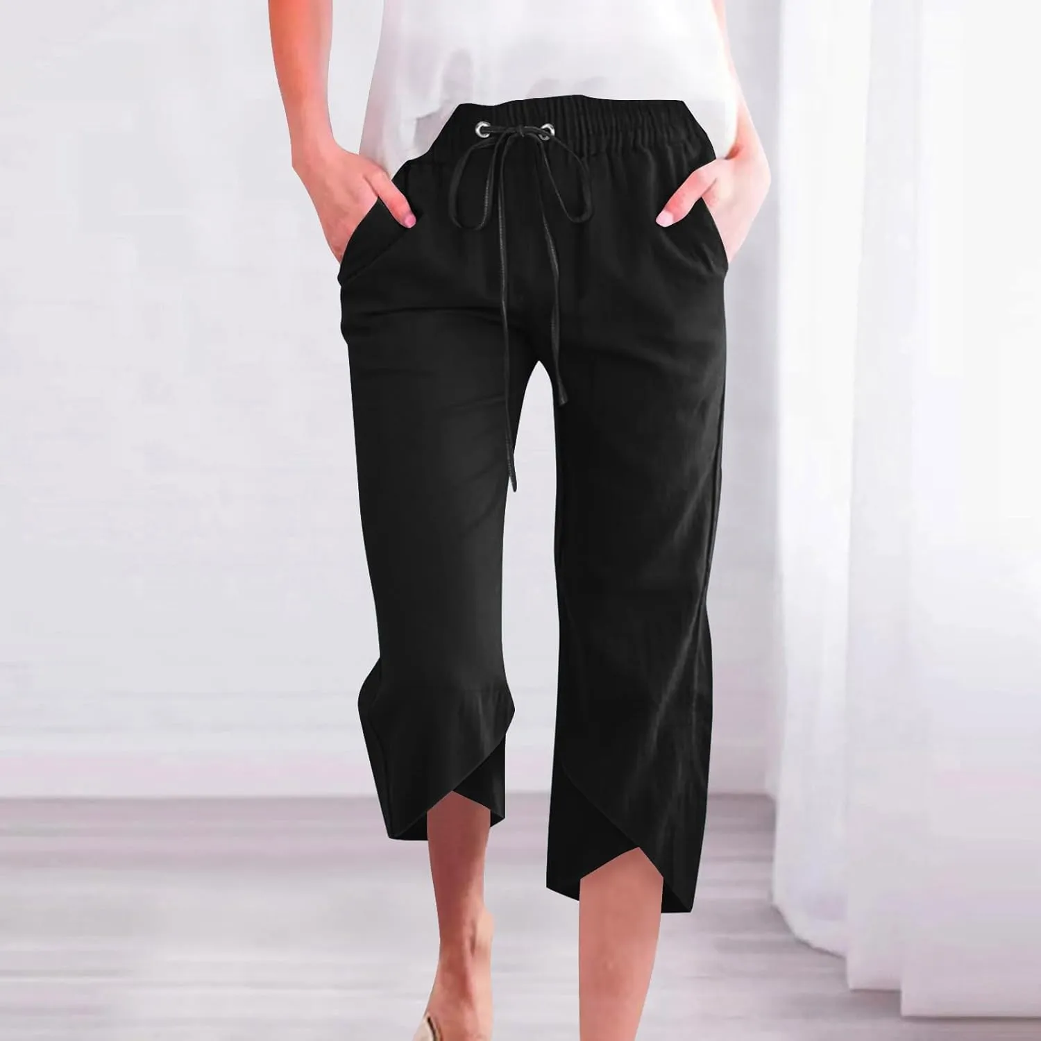 2025 Capri Pants for Women Casual Summer Drawstring Elastic High Waist Linen Pant Straight Leg Cropped Harem Trouser