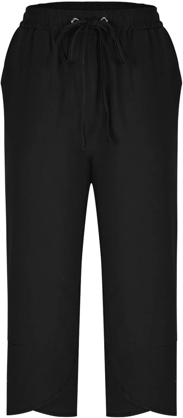 2025 Capri Pants for Women Casual Summer Drawstring Elastic High Waist Linen Pant Straight Leg Cropped Harem Trouser