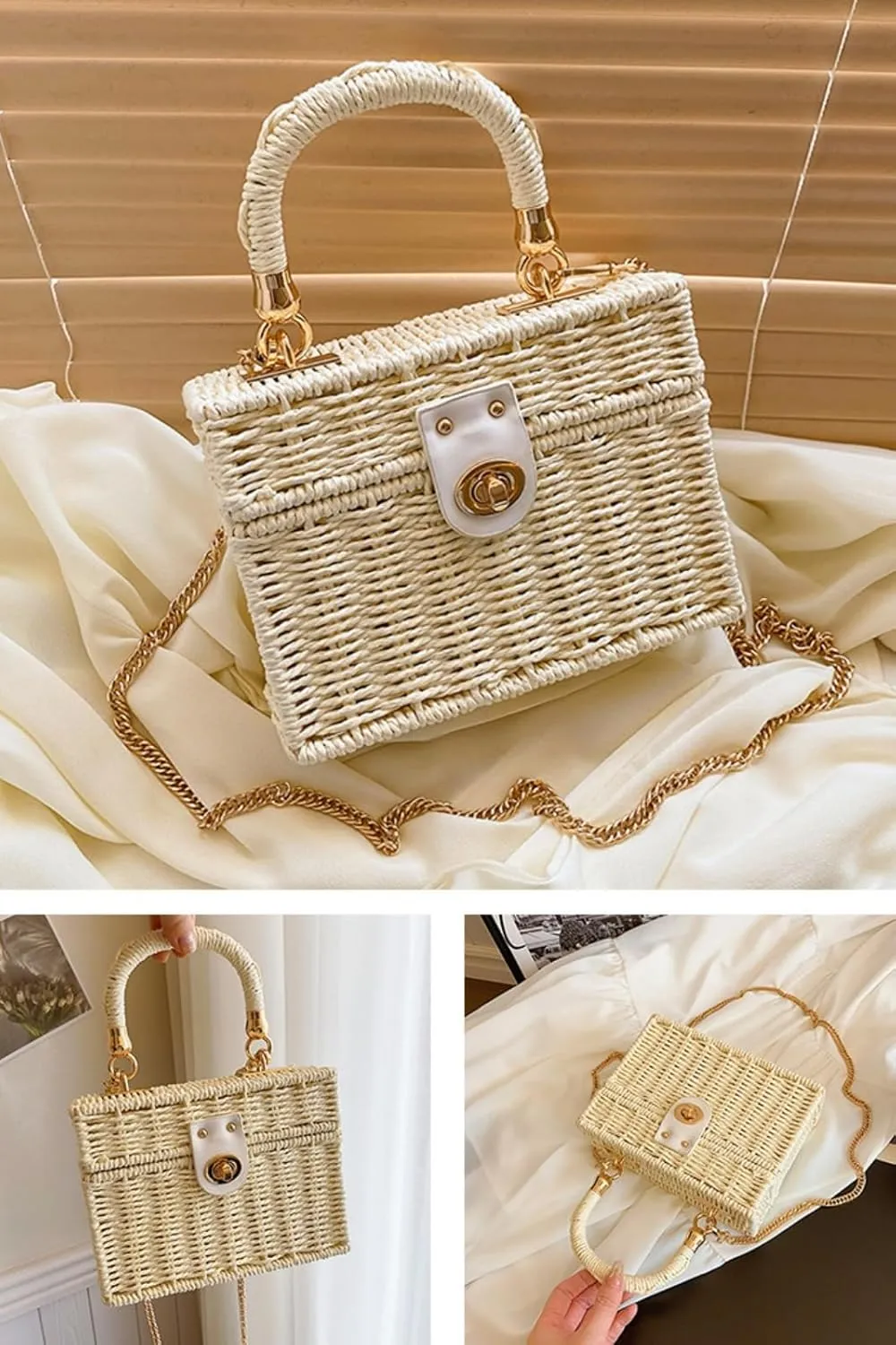 2025 Woven Crossbody Handbag Casual Tote Bag Square Box Paper Rope Beach Vacation Travel Bag Top Handle