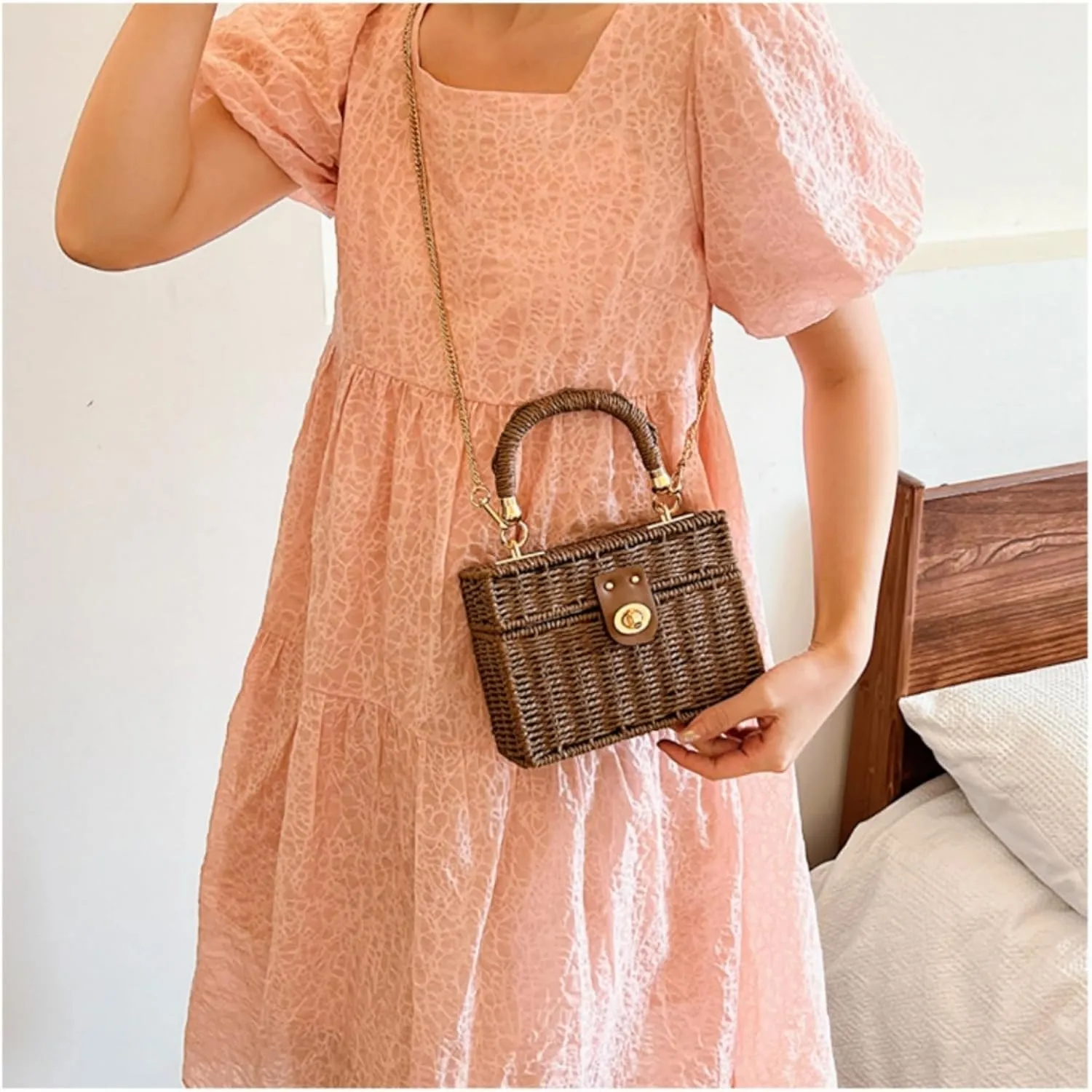 2025 Woven Crossbody Handbag Casual Tote Bag Square Box Paper Rope Beach Vacation Travel Bag Top Handle