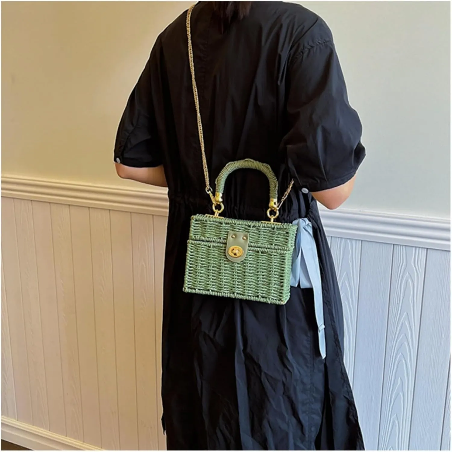 2025 Woven Crossbody Handbag Casual Tote Bag Square Box Paper Rope Beach Vacation Travel Bag Top Handle