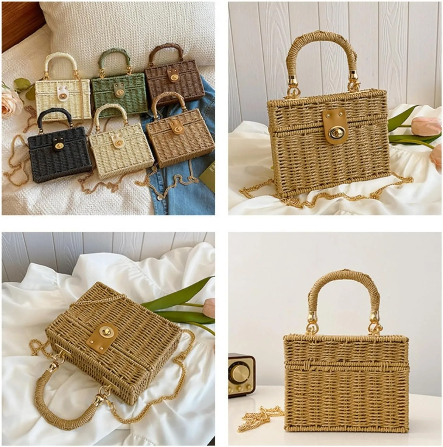 2025 Woven Crossbody Handbag Casual Tote Bag Square Box Paper Rope Beach Vacation Travel Bag Top Handle