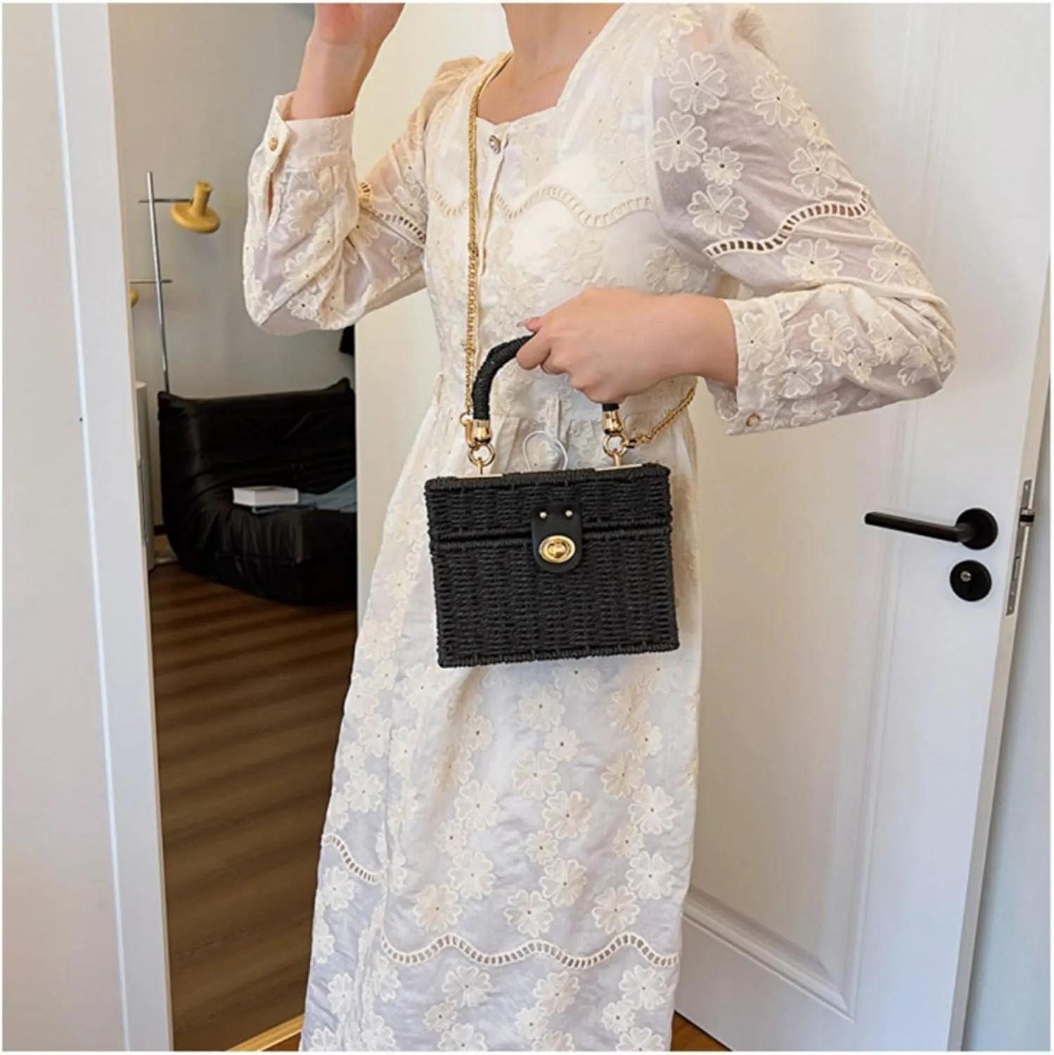 2025 Woven Crossbody Handbag Casual Tote Bag Square Box Paper Rope Beach Vacation Travel Bag Top Handle