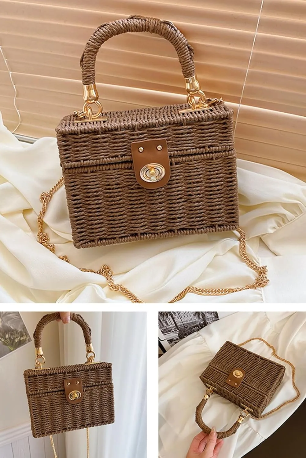 2025 Woven Crossbody Handbag Casual Tote Bag Square Box Paper Rope Beach Vacation Travel Bag Top Handle