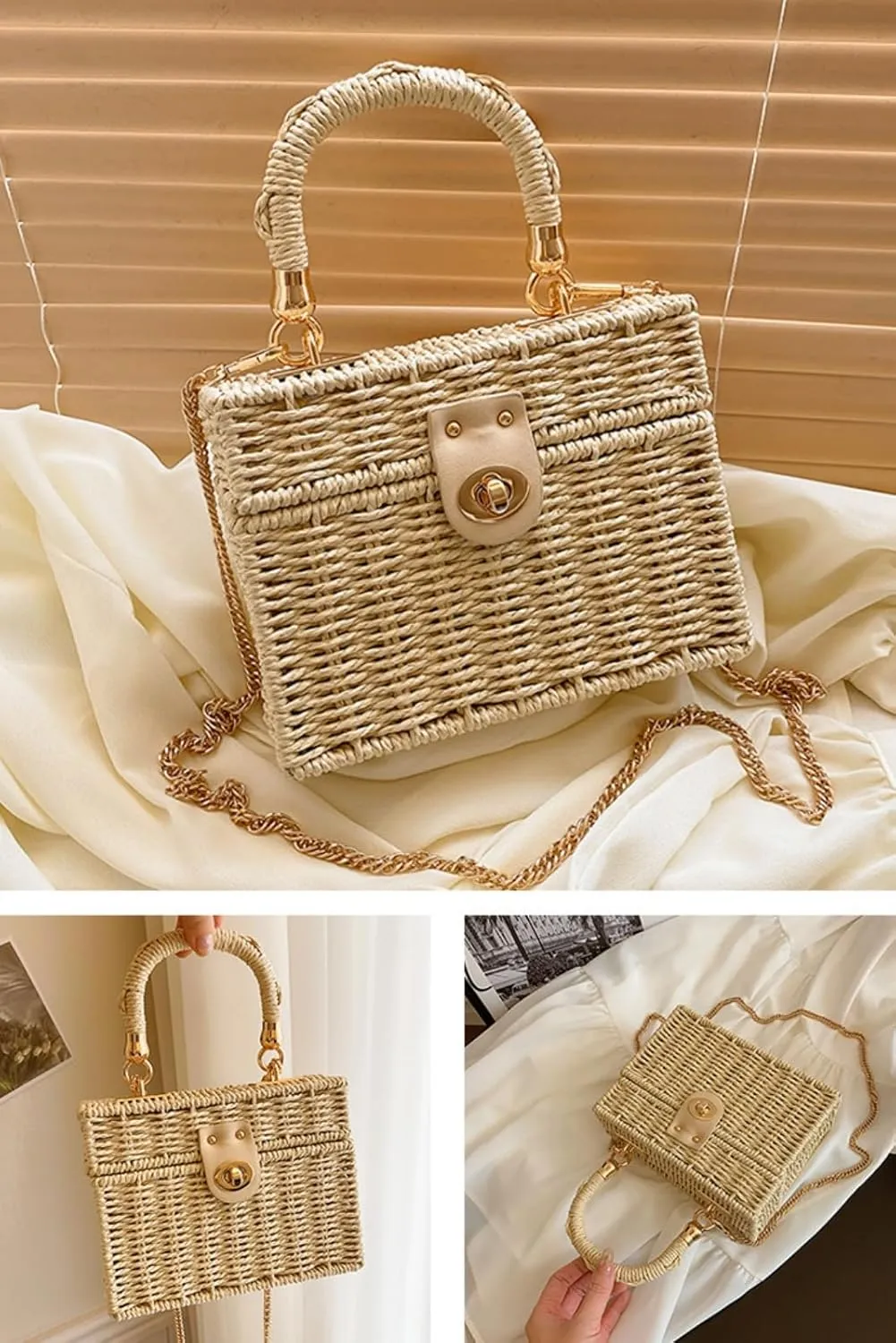 2025 Woven Crossbody Handbag Casual Tote Bag Square Box Paper Rope Beach Vacation Travel Bag Top Handle