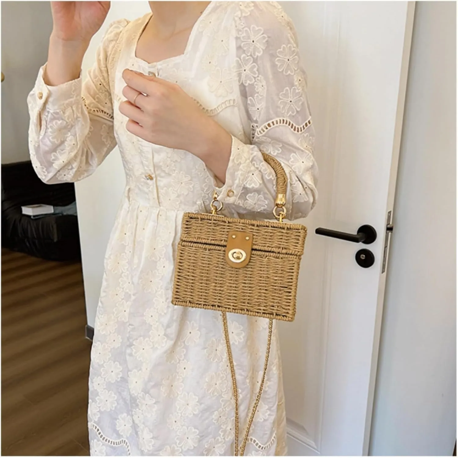 2025 Woven Crossbody Handbag Casual Tote Bag Square Box Paper Rope Beach Vacation Travel Bag Top Handle