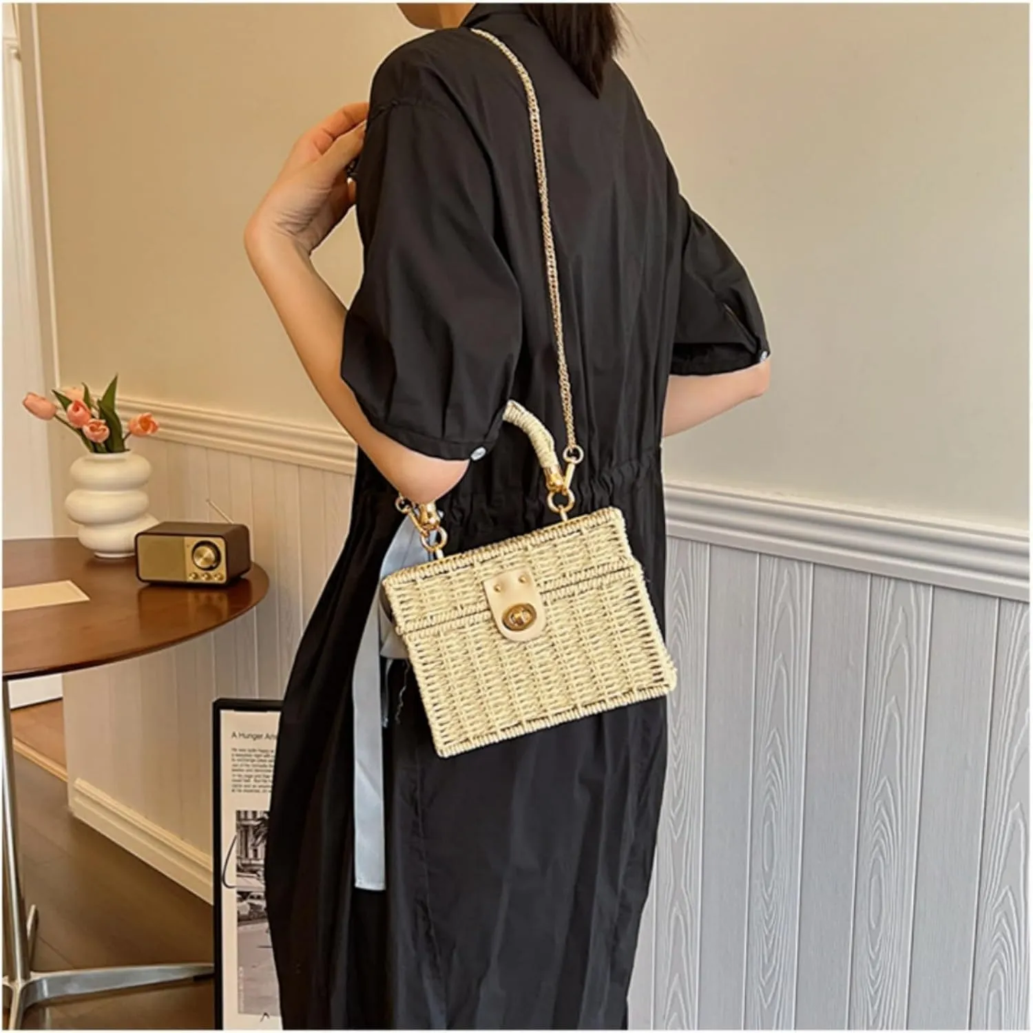 2025 Woven Crossbody Handbag Casual Tote Bag Square Box Paper Rope Beach Vacation Travel Bag Top Handle