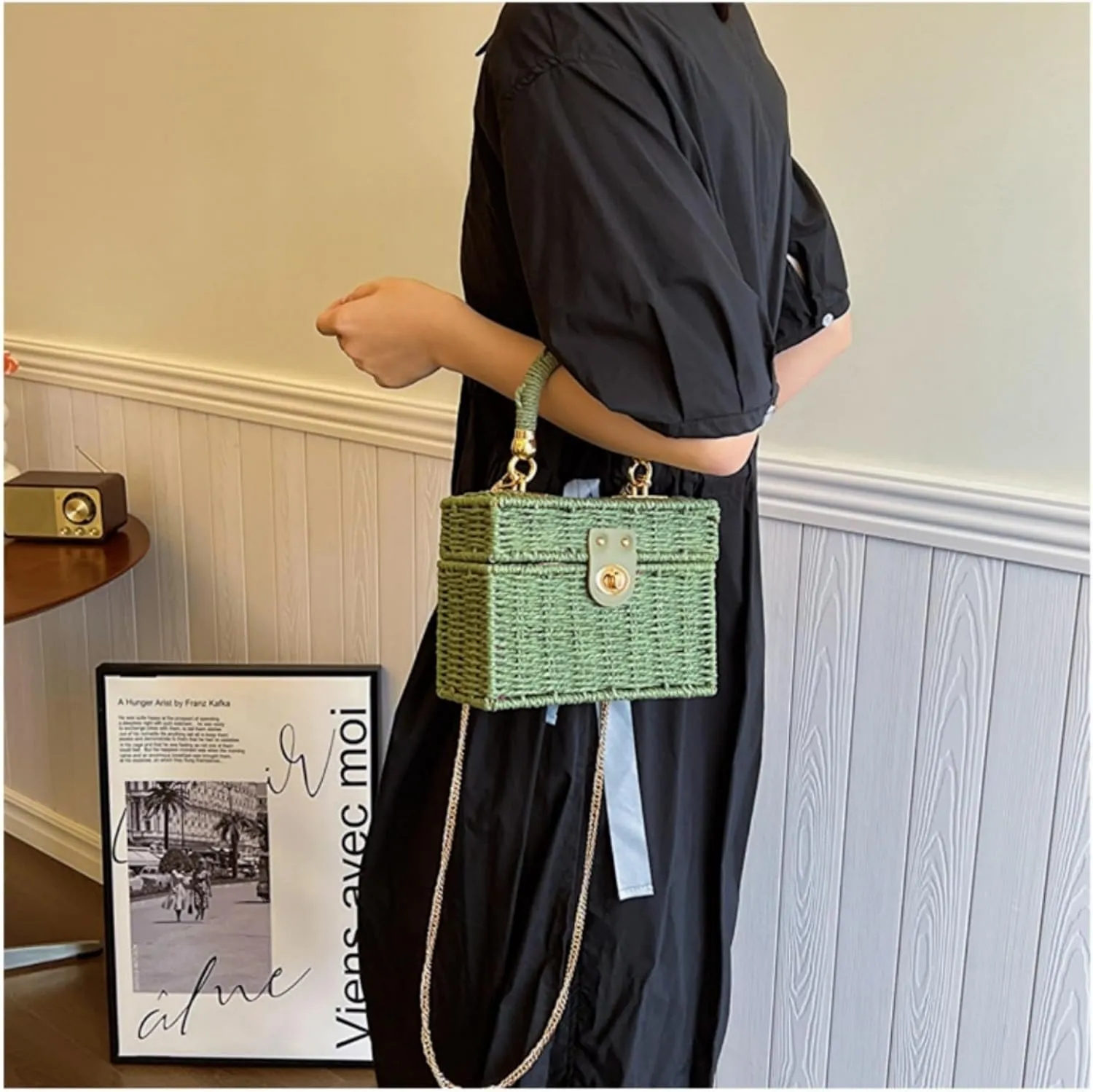 2025 Woven Crossbody Handbag Casual Tote Bag Square Box Paper Rope Beach Vacation Travel Bag Top Handle