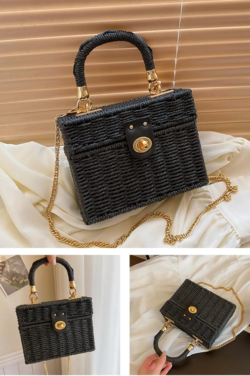 2025 Woven Crossbody Handbag Casual Tote Bag Square Box Paper Rope Beach Vacation Travel Bag Top Handle
