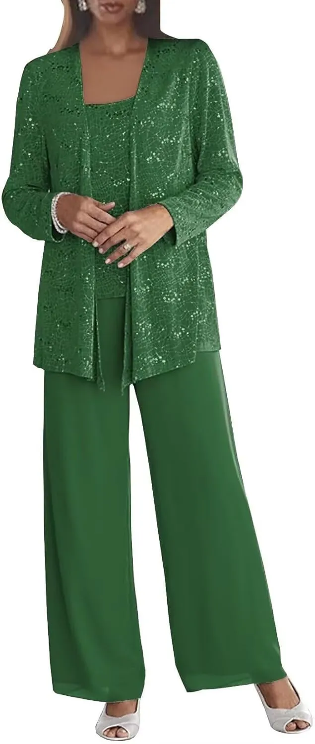 3 Pcs Pant Suit for Women Dressy Wedding Sparkly Sequins Long Sleeve Formal Outfit with Jacket