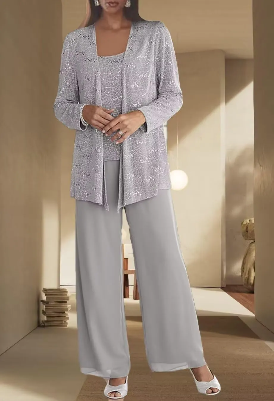 3 Pcs Pant Suit for Women Dressy Wedding Sparkly Sequins Long Sleeve Formal Outfit with Jacket
