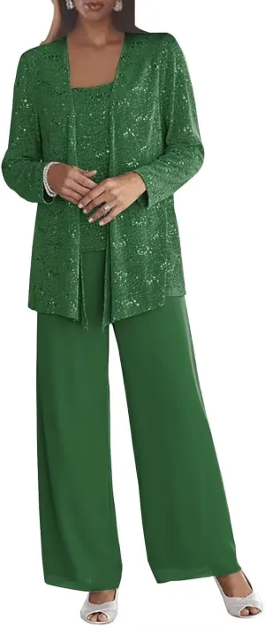 3 Pcs Pant Suit for Women Dressy Wedding Sparkly Sequins Long Sleeve Formal Outfit with Jacket