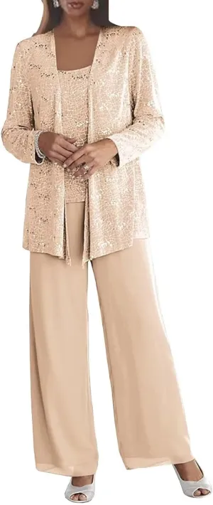 3 Pcs Pant Suit for Women Dressy Wedding Sparkly Sequins Long Sleeve Formal Outfit with Jacket