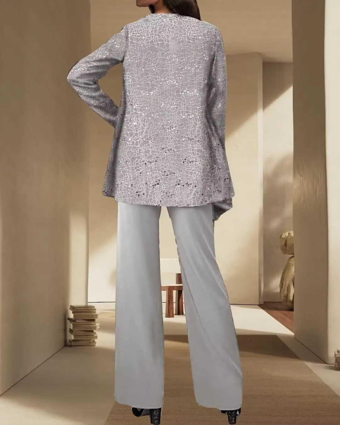 3 Pcs Pant Suit for Women Dressy Wedding Sparkly Sequins Long Sleeve Formal Outfit with Jacket