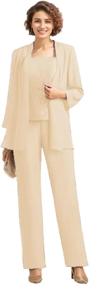 3Pcs Mother of The Bride Dress Pantsuit for Wedding Long Sleeve Formal Pant Suit with Jacket