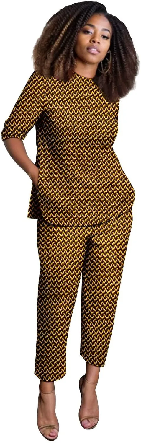 African Suits for Women Anakra Print Half Sleeve Top and Pants 2 Piece Set Outfits Dashiki Casual Tracksuit