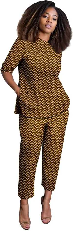 African Suits for Women Anakra Print Half Sleeve Top and Pants 2 Piece Set Outfits Dashiki Casual Tracksuit