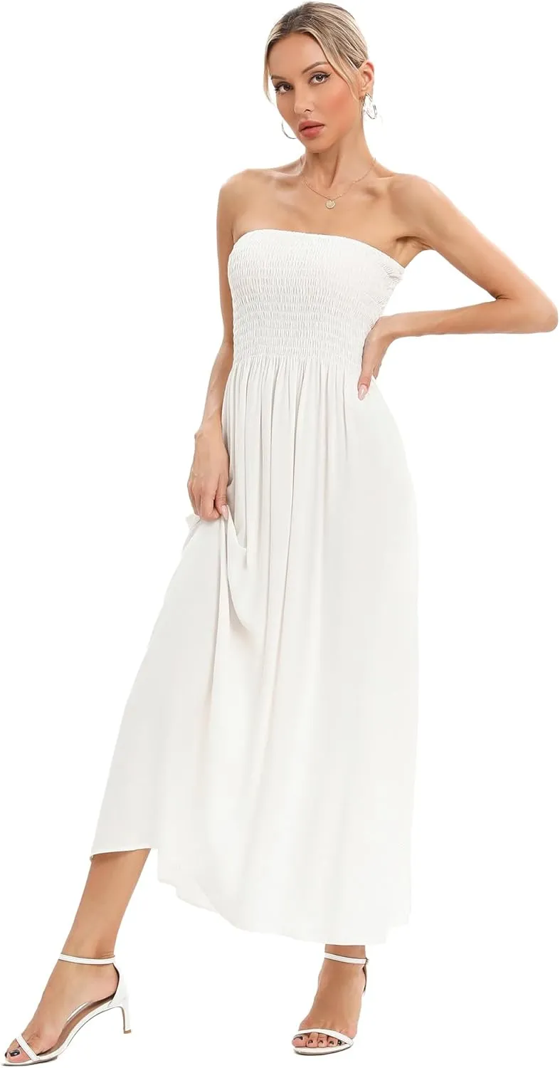 Aigeman Women Strapless Tube Maxi Dress Flowy Swing Long Sundress Sleeveless Summer Boho Beach Dress with Pokets 330