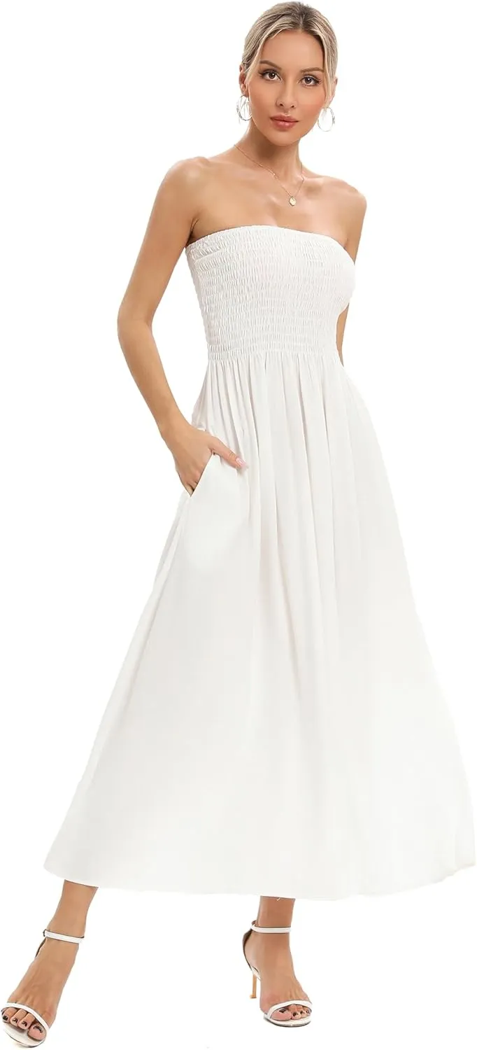 Aigeman Women Strapless Tube Maxi Dress Flowy Swing Long Sundress Sleeveless Summer Boho Beach Dress with Pokets 330