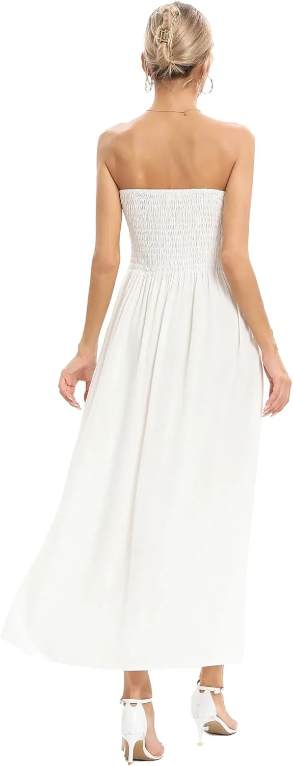 Aigeman Women Strapless Tube Maxi Dress Flowy Swing Long Sundress Sleeveless Summer Boho Beach Dress with Pokets 330