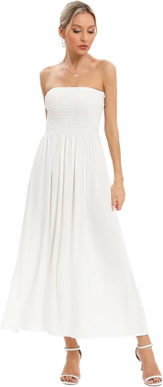 Aigeman Women Strapless Tube Maxi Dress Flowy Swing Long Sundress Sleeveless Summer Boho Beach Dress with Pokets 330