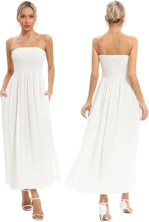 Aigeman Women Strapless Tube Maxi Dress Flowy Swing Long Sundress Sleeveless Summer Boho Beach Dress with Pokets 330