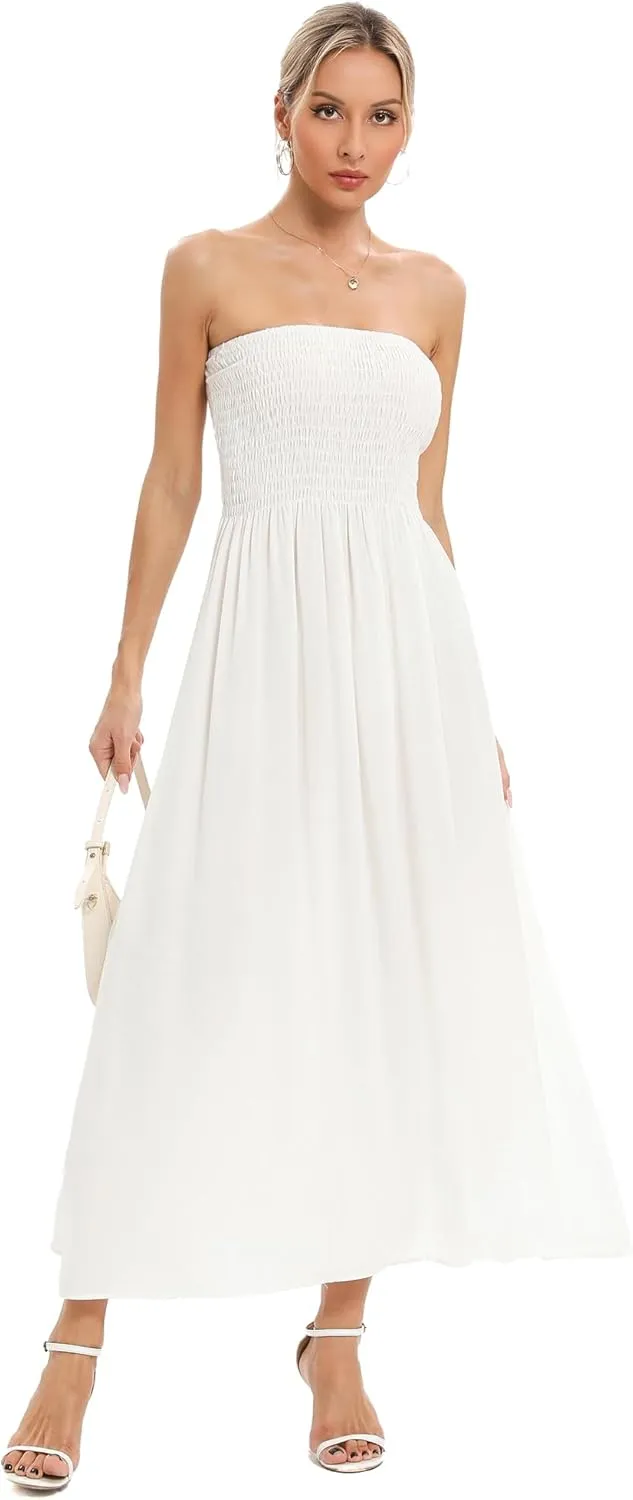 Aigeman Women Strapless Tube Maxi Dress Flowy Swing Long Sundress Sleeveless Summer Boho Beach Dress with Pokets 330