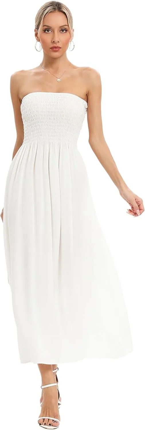 Aigeman Women Strapless Tube Maxi Dress Flowy Swing Long Sundress Sleeveless Summer Boho Beach Dress with Pokets 330