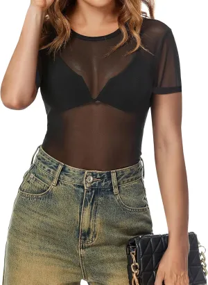 AKEWEI Womens Mesh Short Sleeve Tops Crew Neck Sexy See Through Tee Shirts Party Club Night Lace Blouse