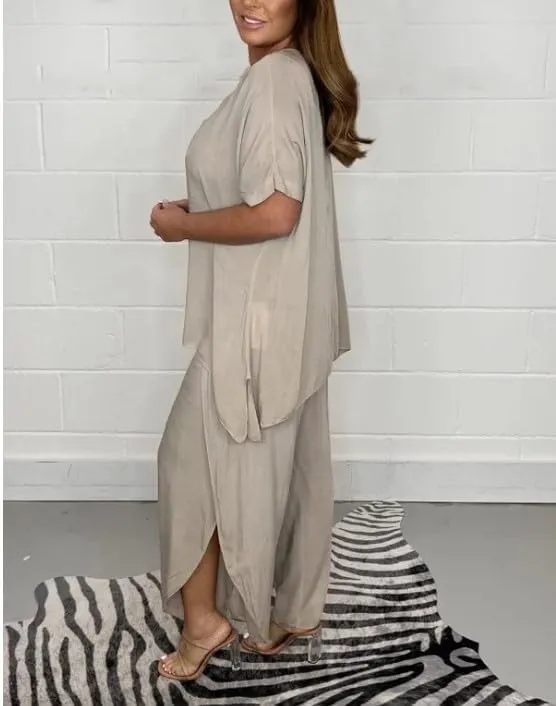 Akivide Womens Oversized Cotton 2 Piece Outfits Lounge Sets, Flowy Short Sleeve Shirts Wide Leg Cropped Pants Loungewear