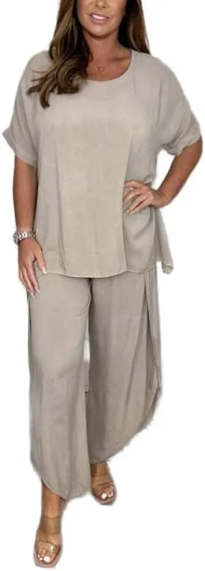 Akivide Womens Oversized Cotton 2 Piece Outfits Lounge Sets, Flowy Short Sleeve Shirts Wide Leg Cropped Pants Loungewear