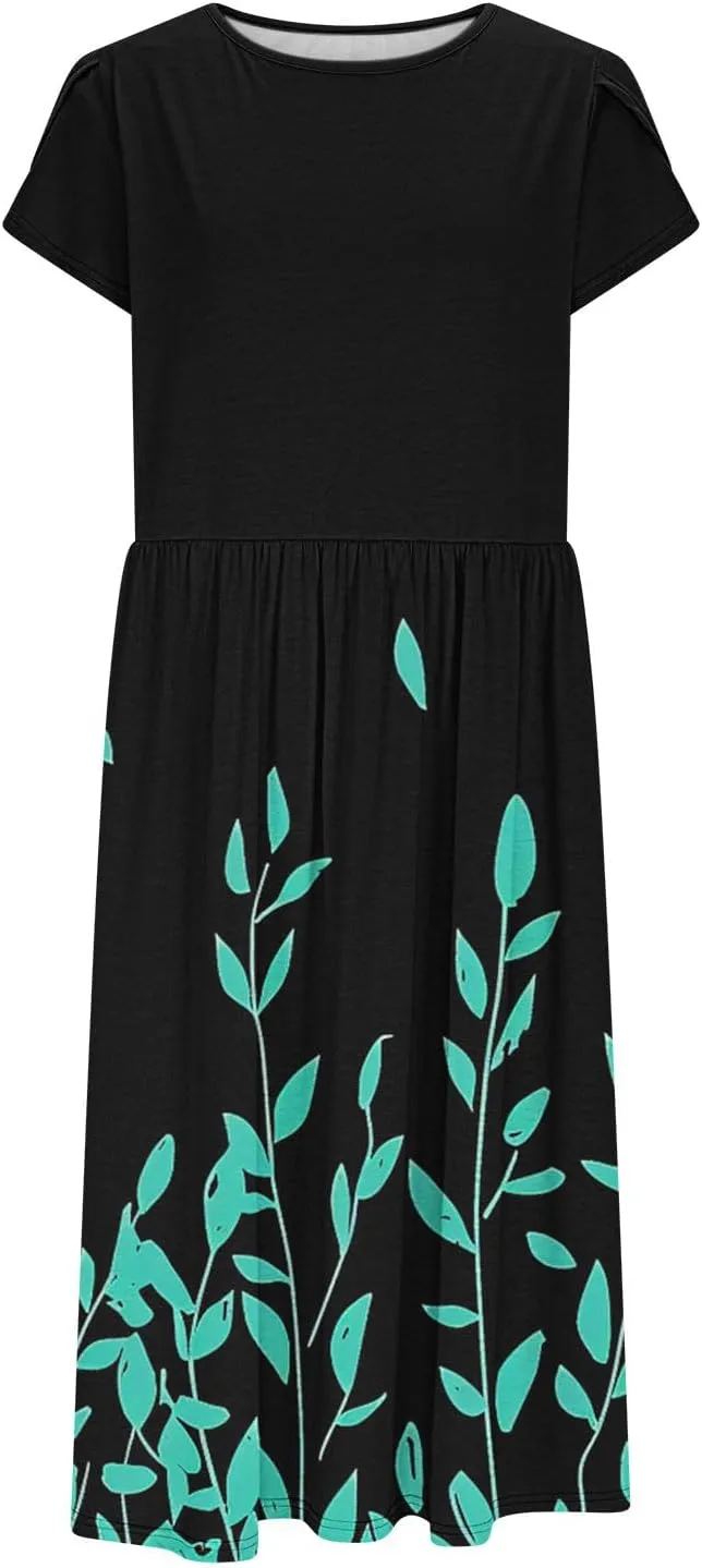 Aline Dress for Women Summer Short Sleeve Curvy Hem Dresses Vacation Boho Beach Sundress with Pockets
