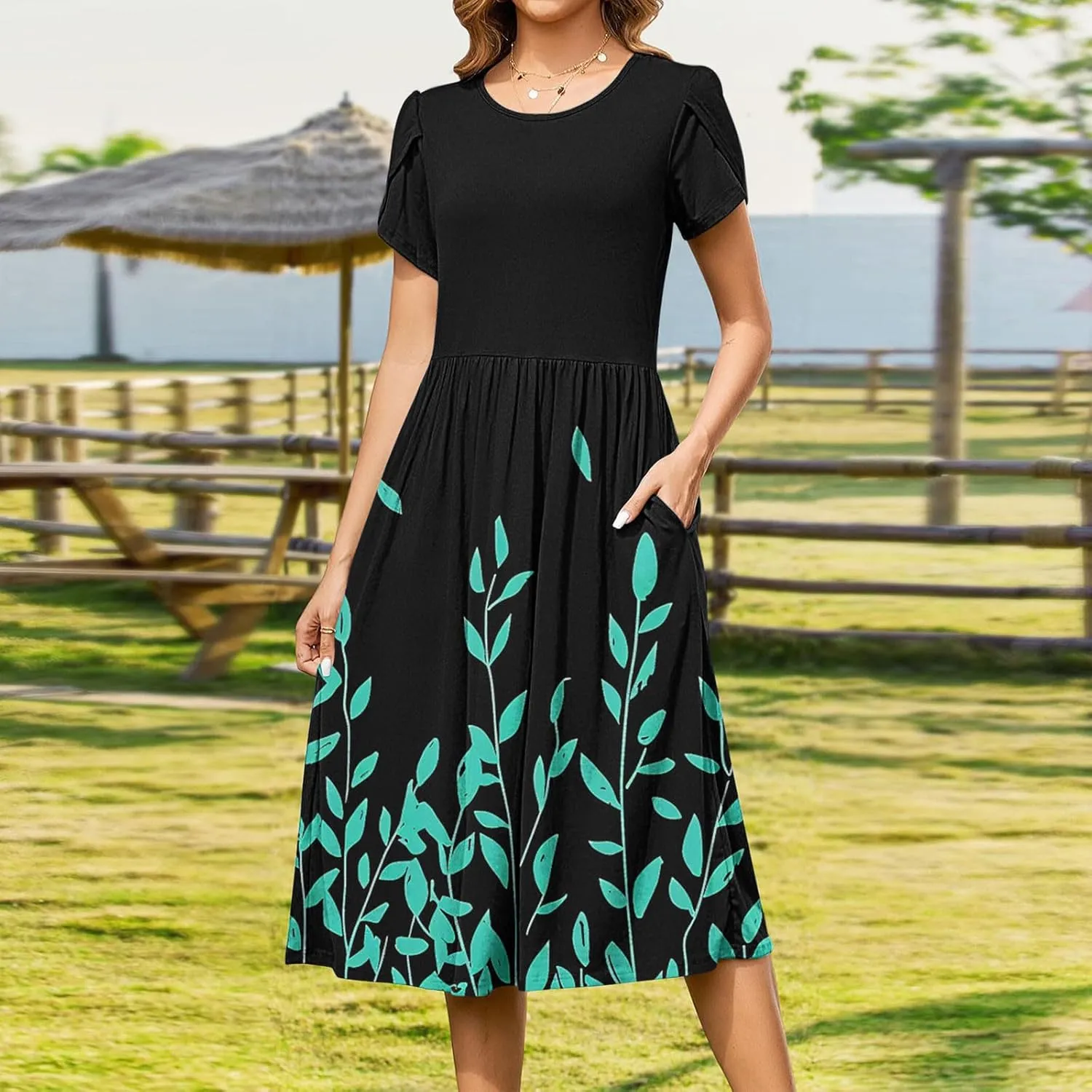 Aline Dress for Women Summer Short Sleeve Curvy Hem Dresses Vacation Boho Beach Sundress with Pockets